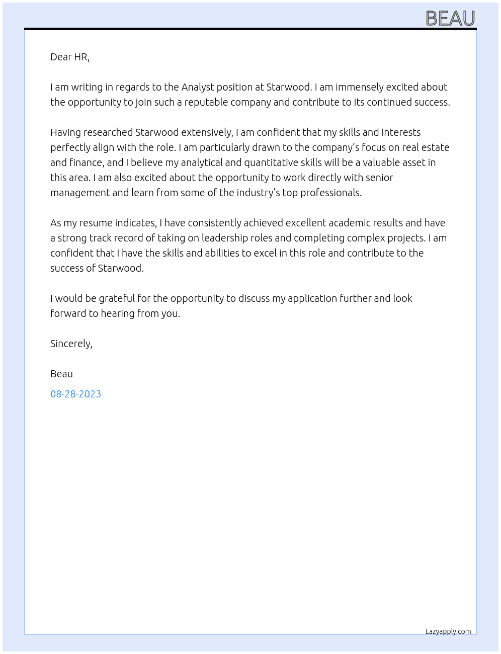 Analyst At Standwood Cover Letter