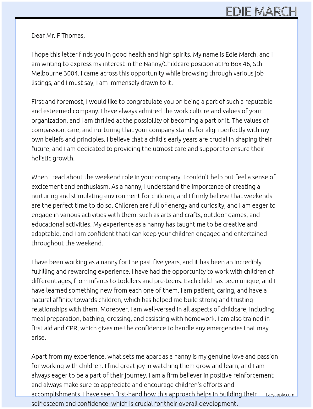 Nanny/Childcare At Po Box 46, Sth Melbourne 3004 Cover Letter