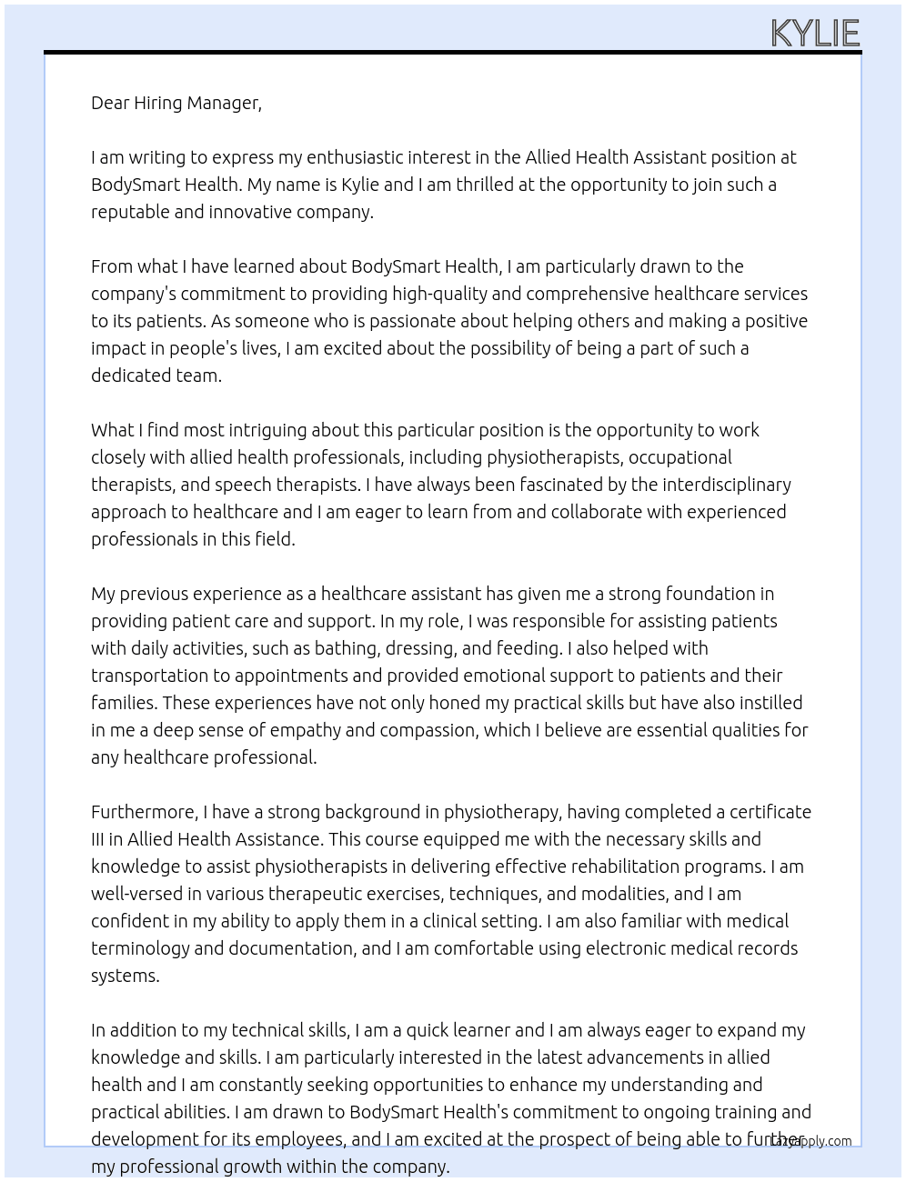 Allied Health Assistant At BodySmart Health Cover Letter