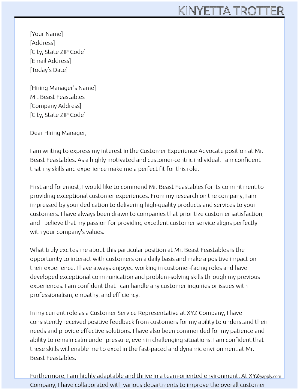 Customer Experience Advocate At Mr. Beast Feastables Cover Letter