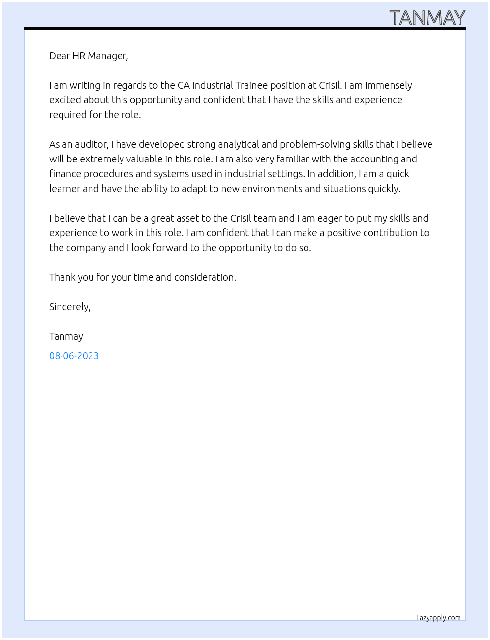 CA Industrial Trainee At Crisil Cover Letter