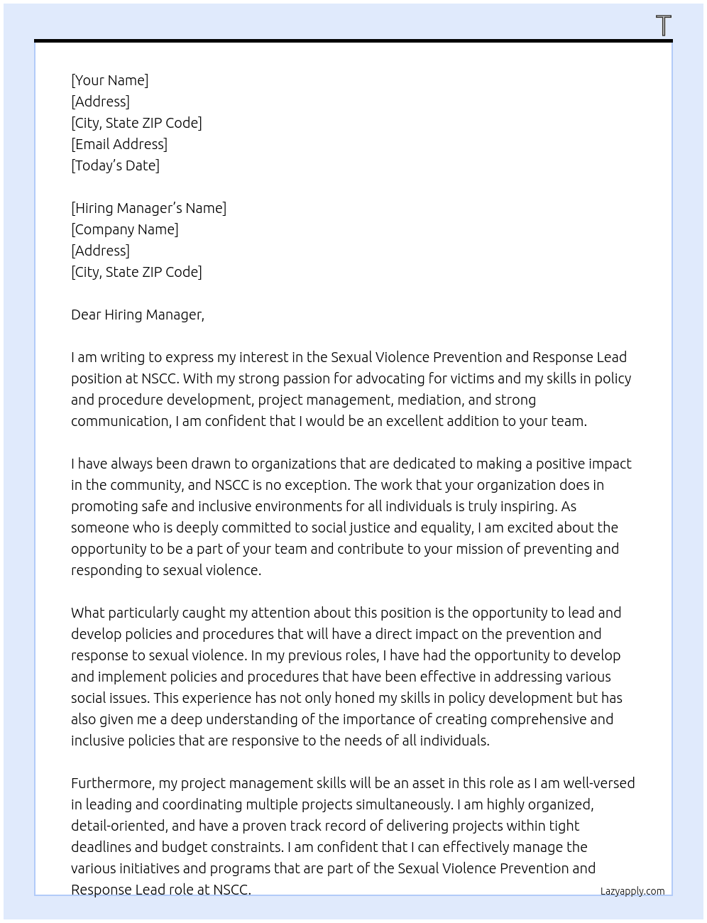 Sexual Violence Prevention and Response Lead At NSCC Cover Letter