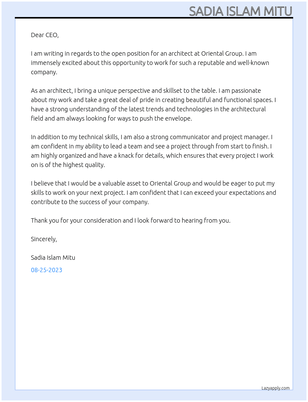 Architect At Oriental Group Cover Letter