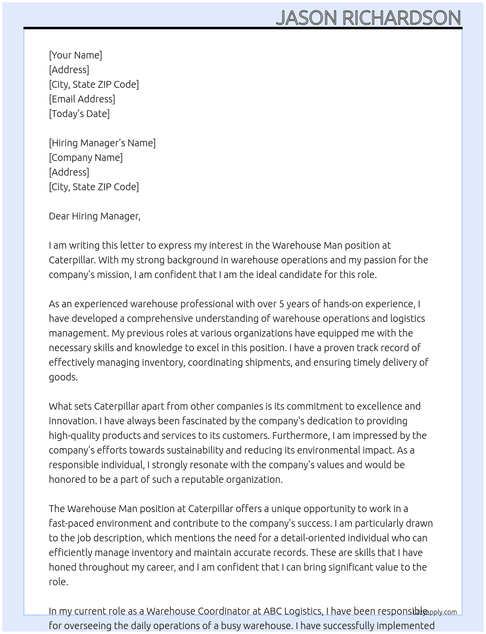 Warehouse Man At Caterpillar Cover Letter
