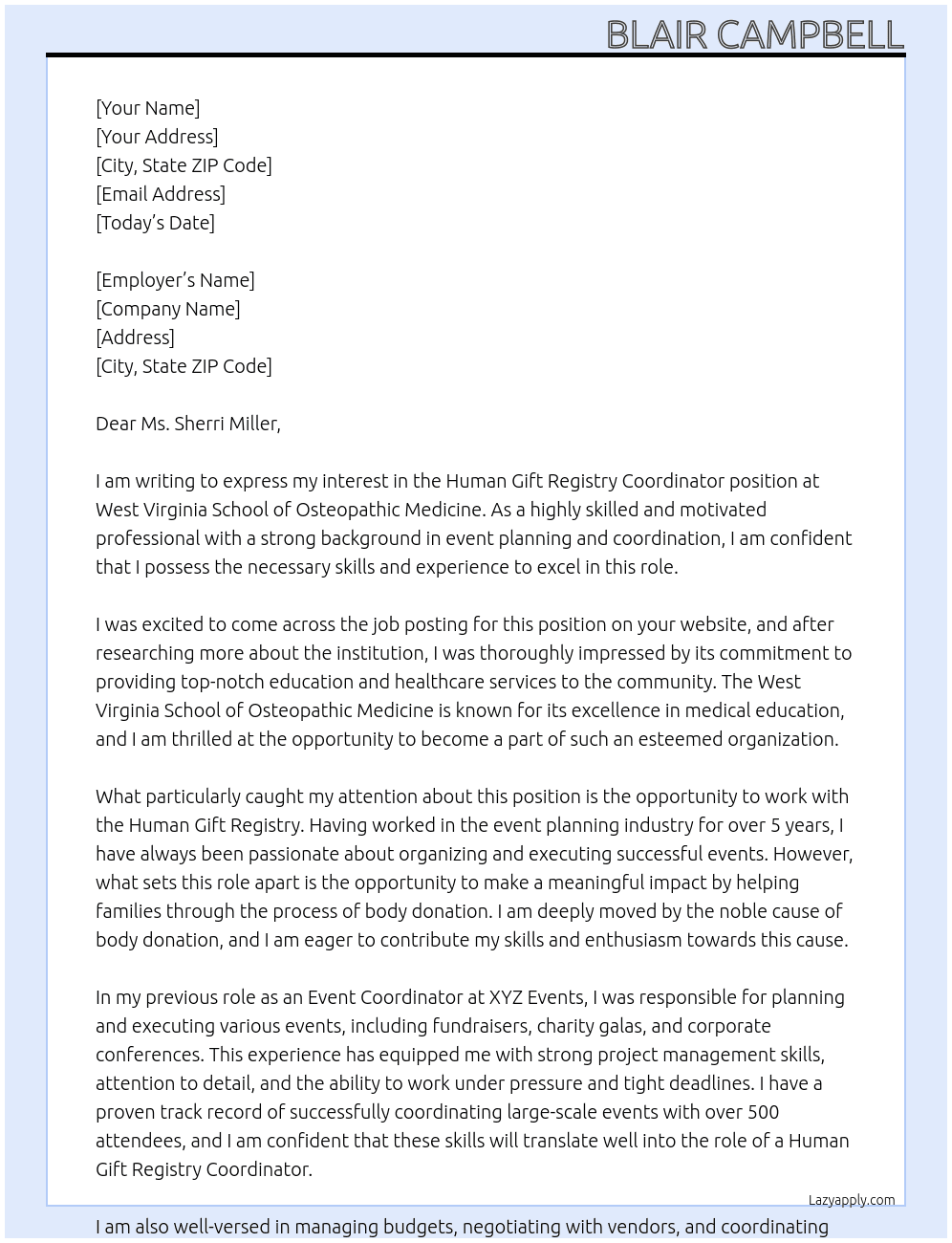 Human Gift Registry Coordinator At West Virginia School of Osteopathic Medicine Cover Letter