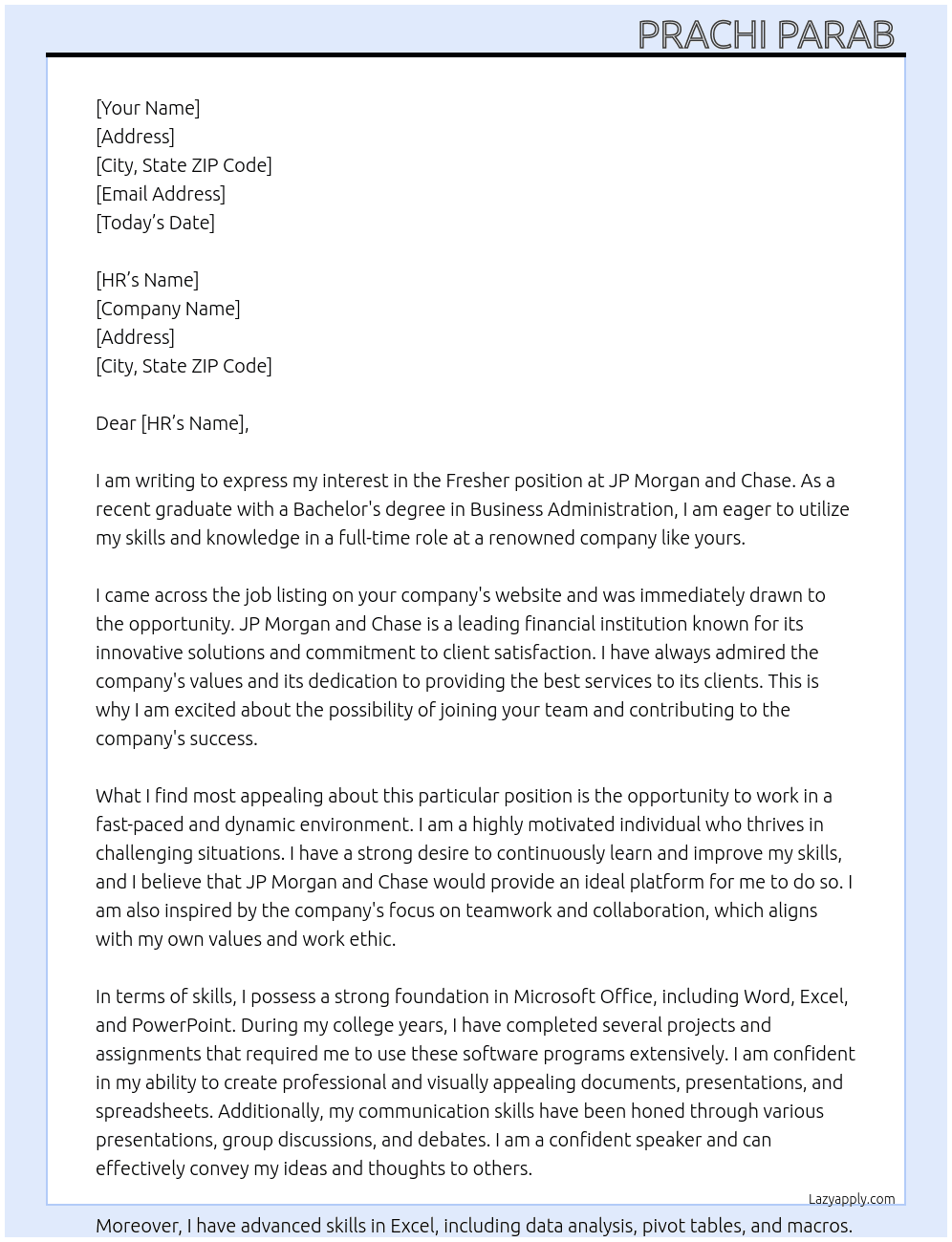 Fresher At JP Morgan and chase Cover Letter