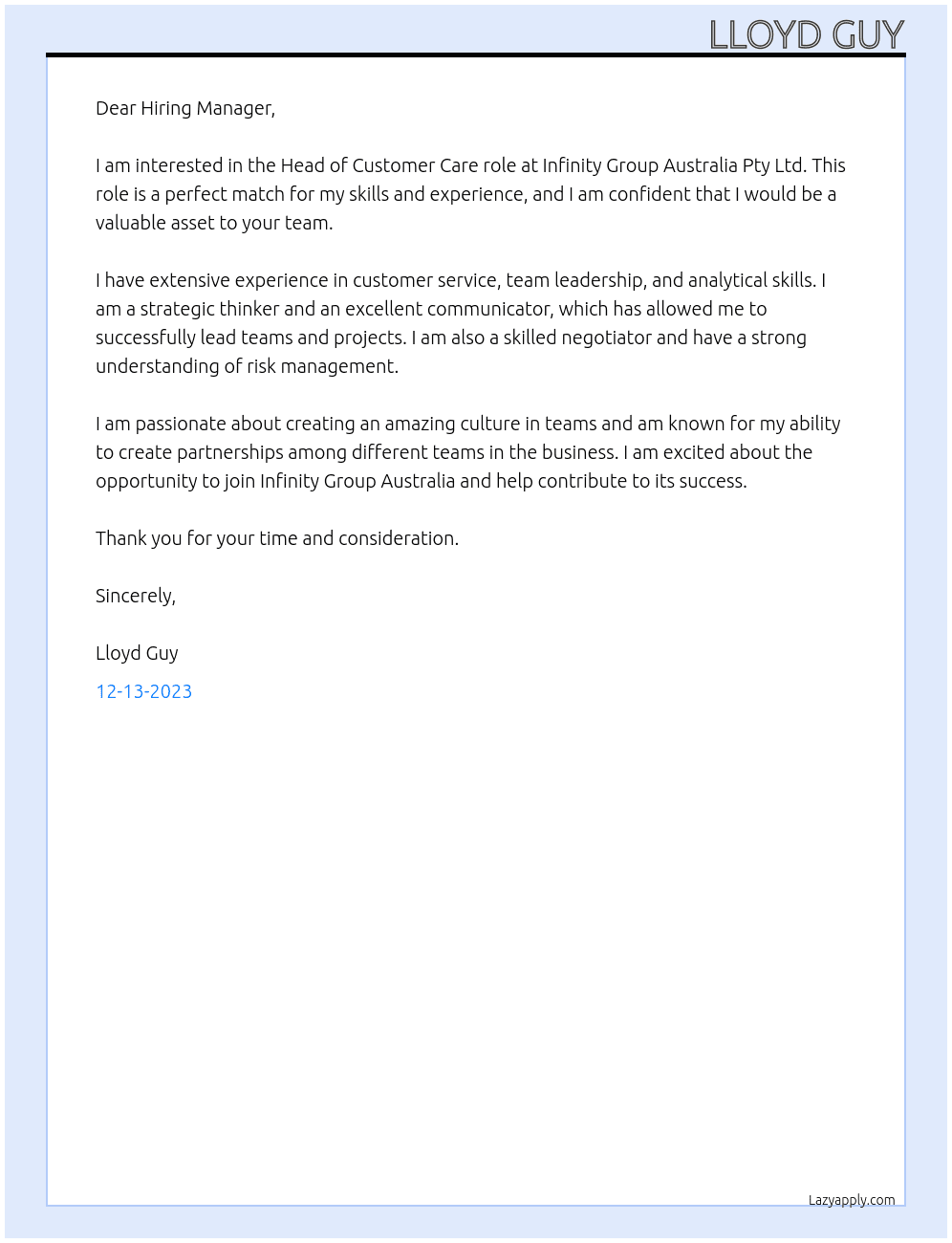Head of Customer Care At Infinity Group Australia Pty Ltd Cover Letter