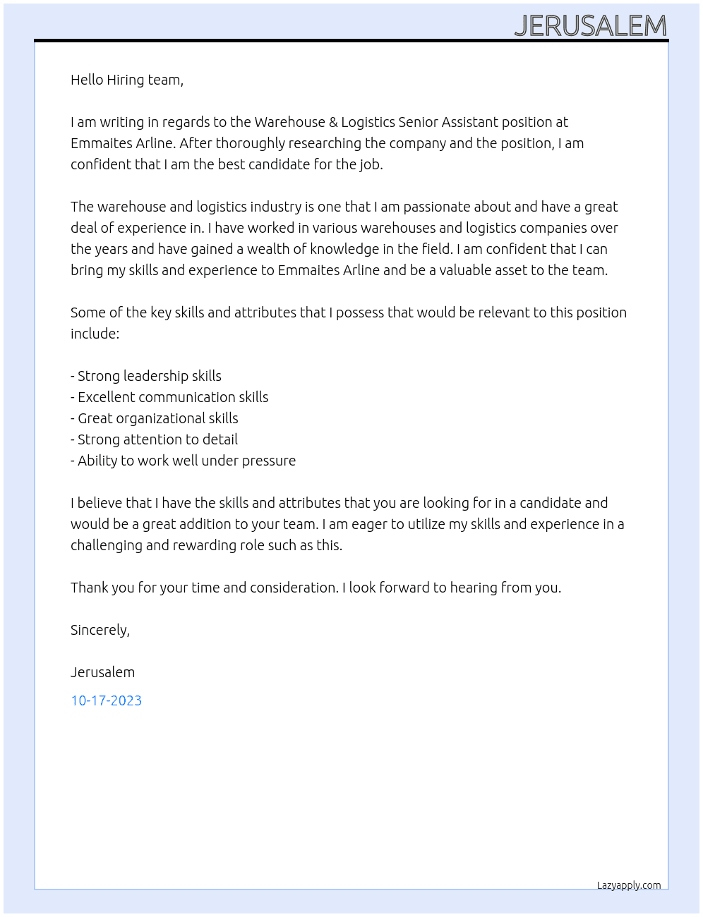 Warehouse & Logistics Senior Assistant  At Emmaites Arline  Cover Letter