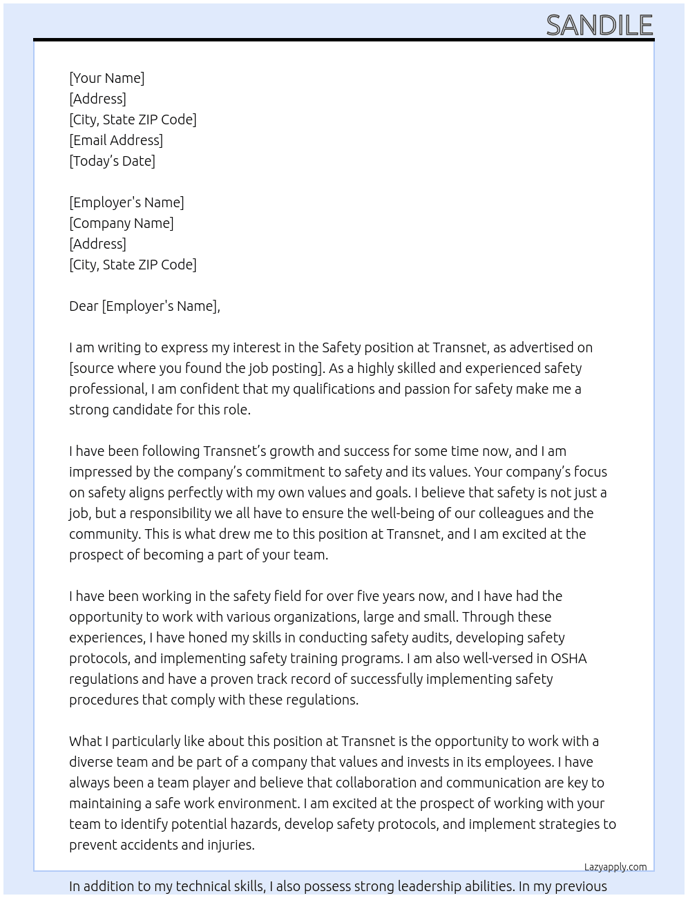 safty At trasnet Cover Letter