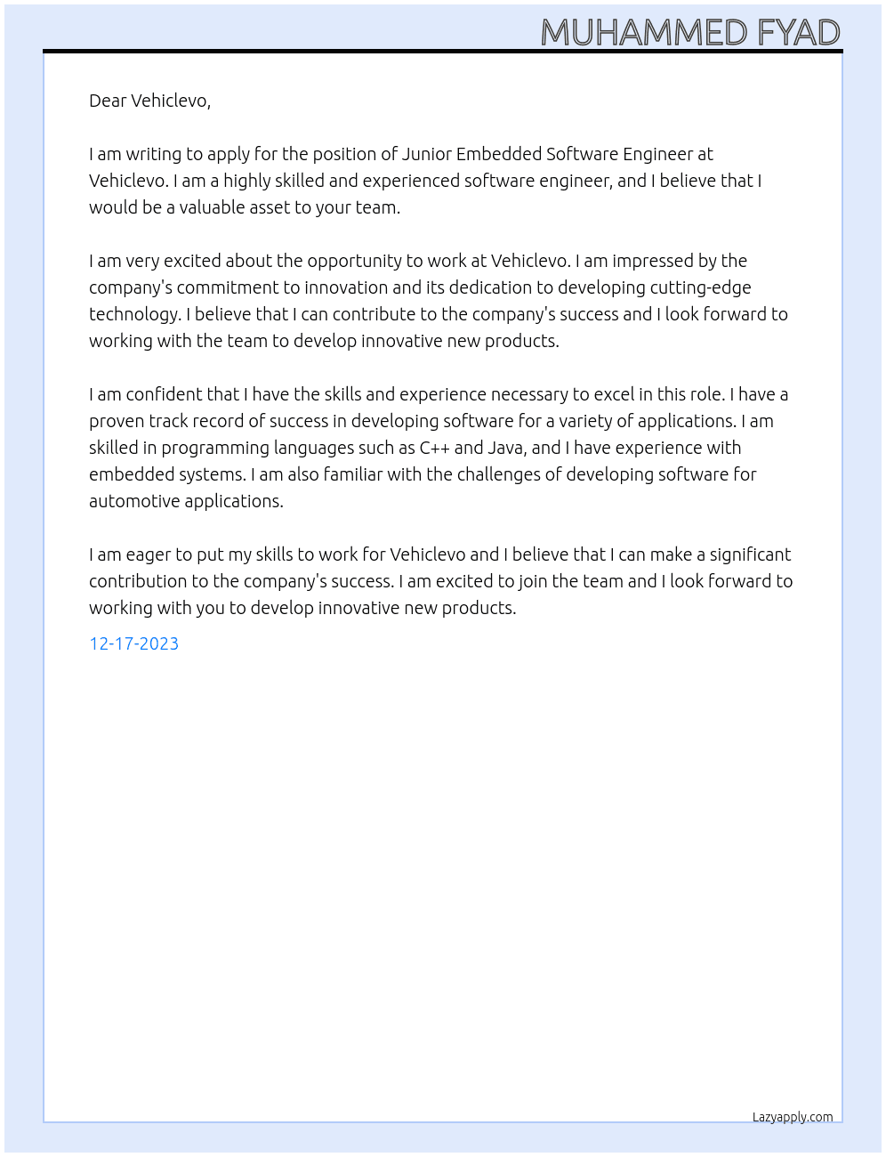 Junior Embedded Software Engineer  At Vehiclevo Cover Letter
