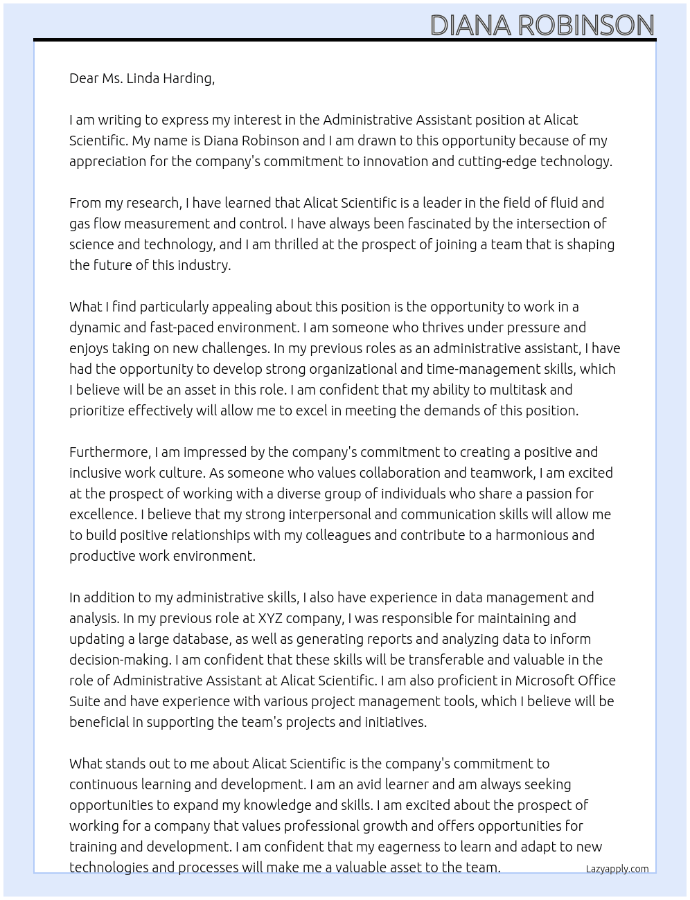 Administrative Assistant  At Alicat Scientific  Cover Letter