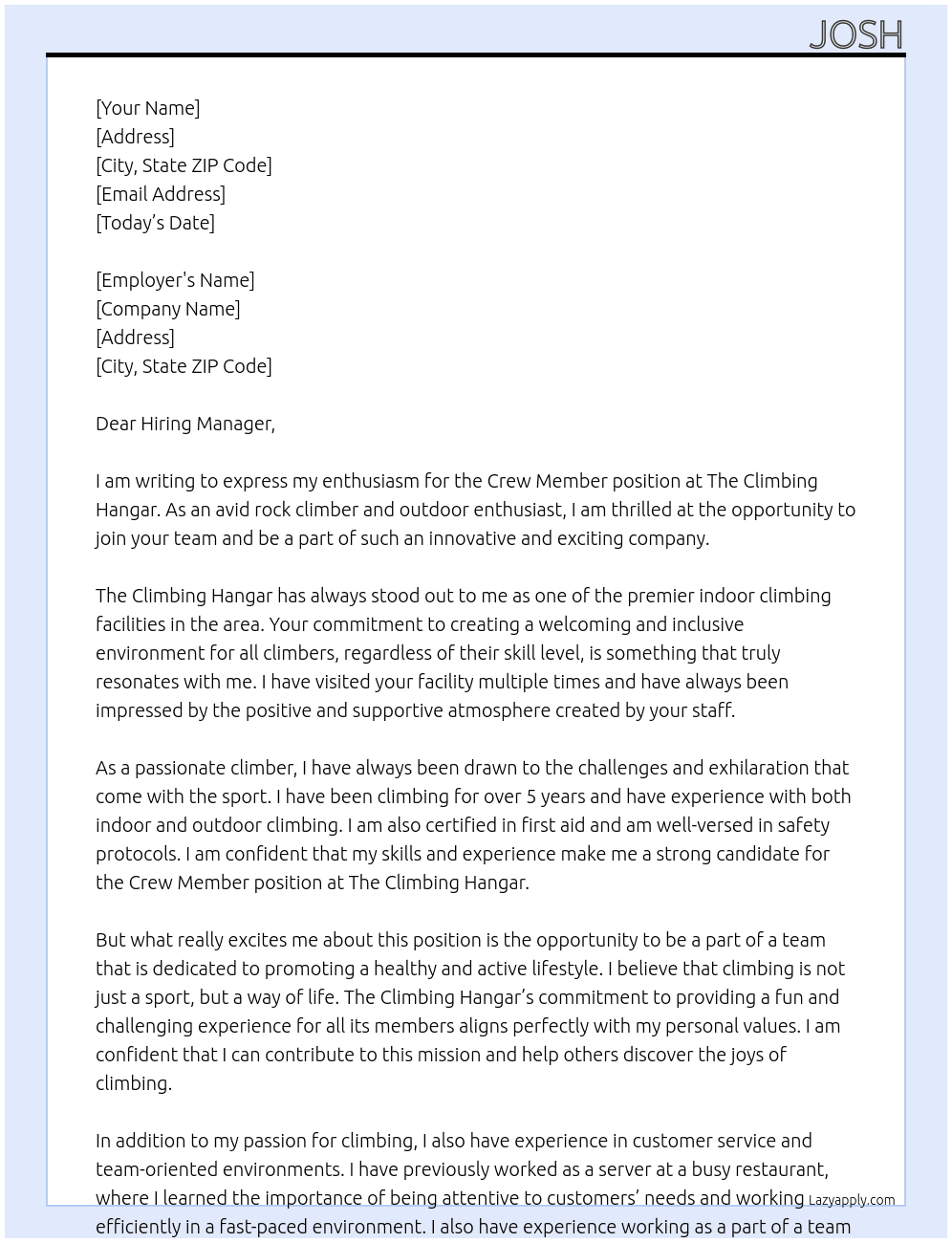 Crew Member At The Climbing Hangar Cover Letter
