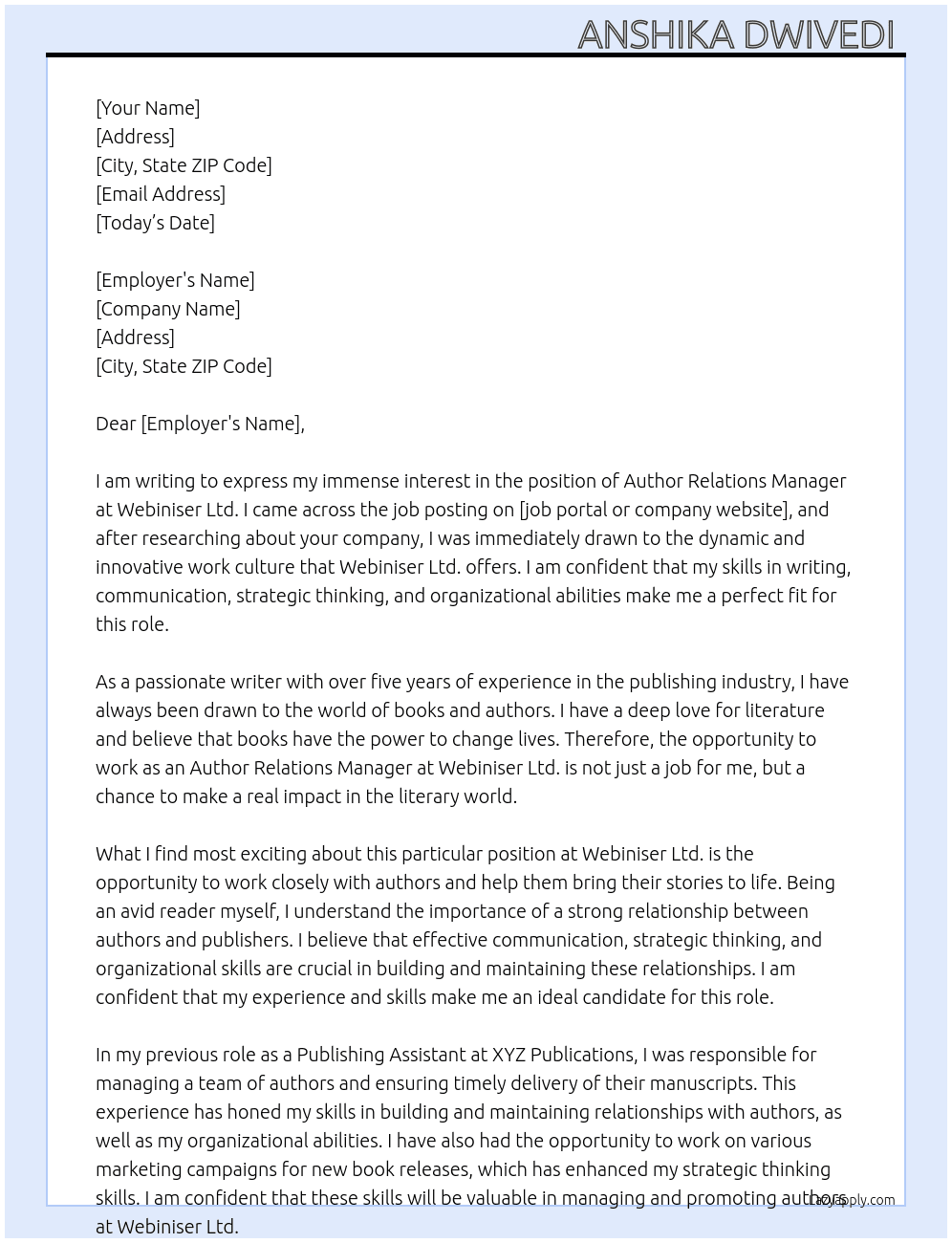 Author Relations Manager  At Webiniser Ltd. Cover Letter