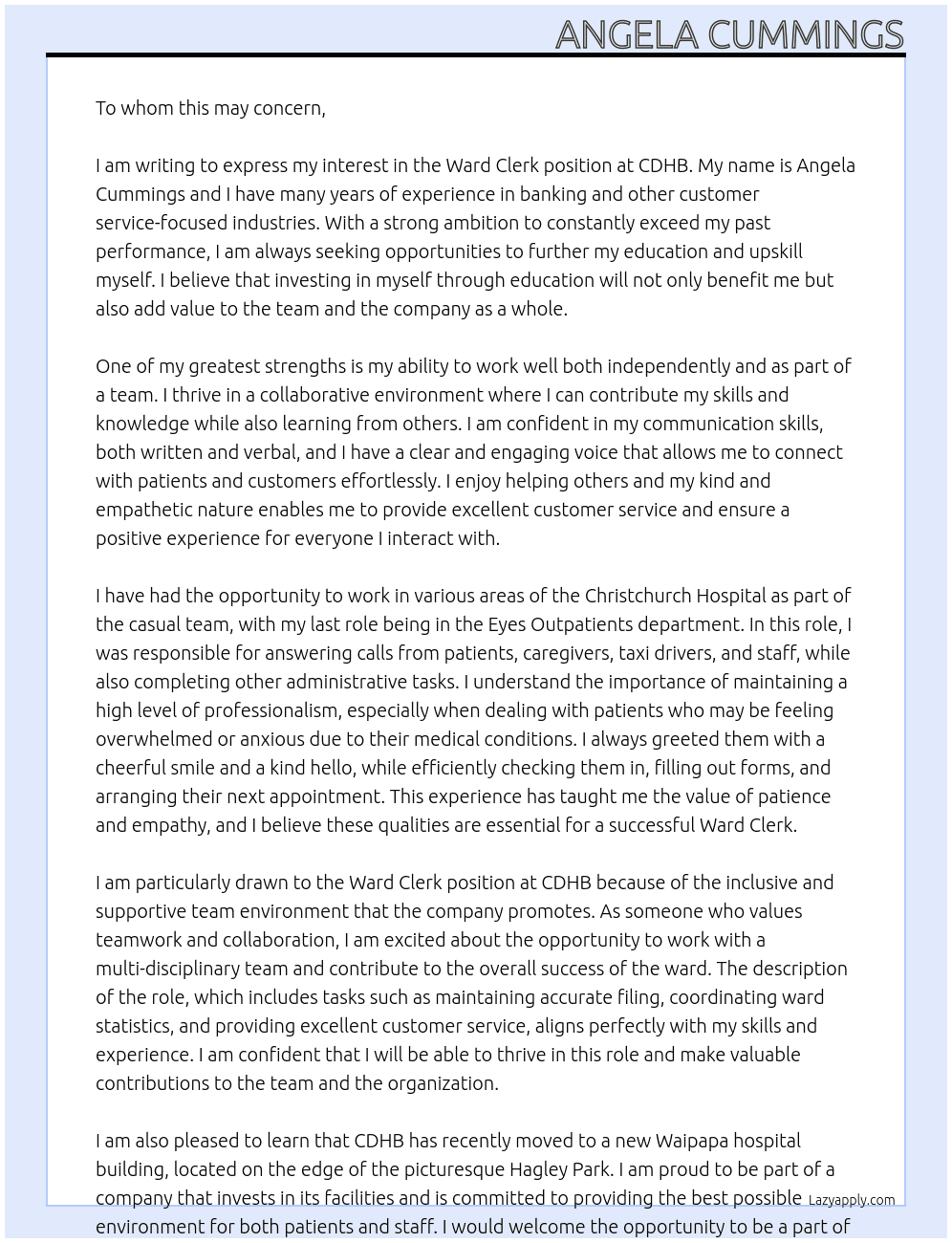 Ward Clerk At CDHB Cover Letter