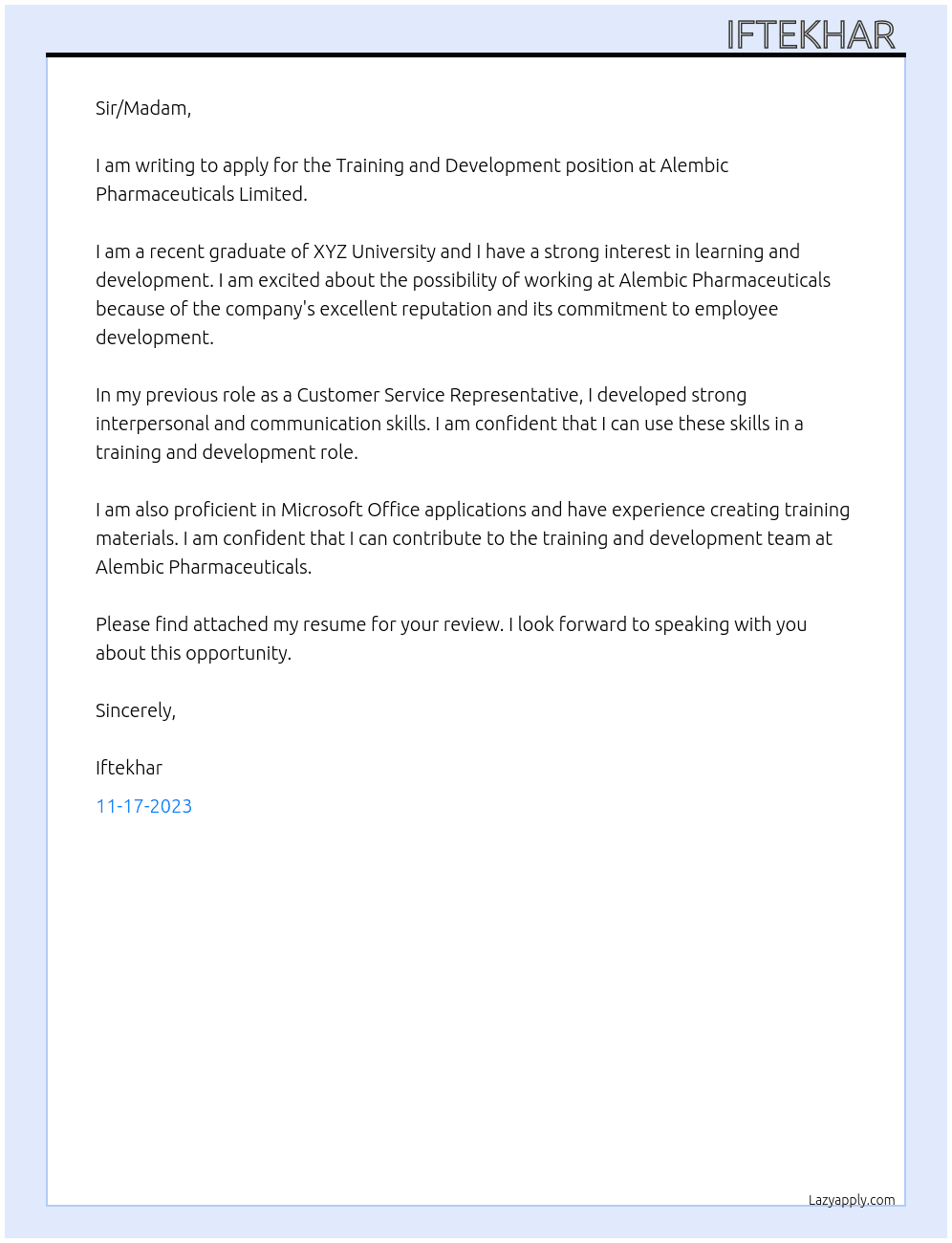 Training and development  At Alembic pharmaceuticals limited Cover Letter