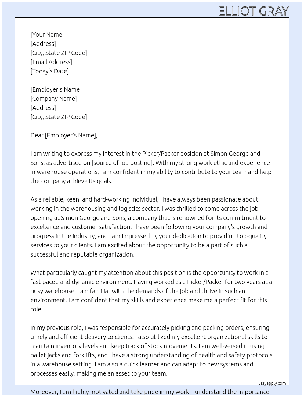 Picker / Packer At Simon George and Sons Cover Letter