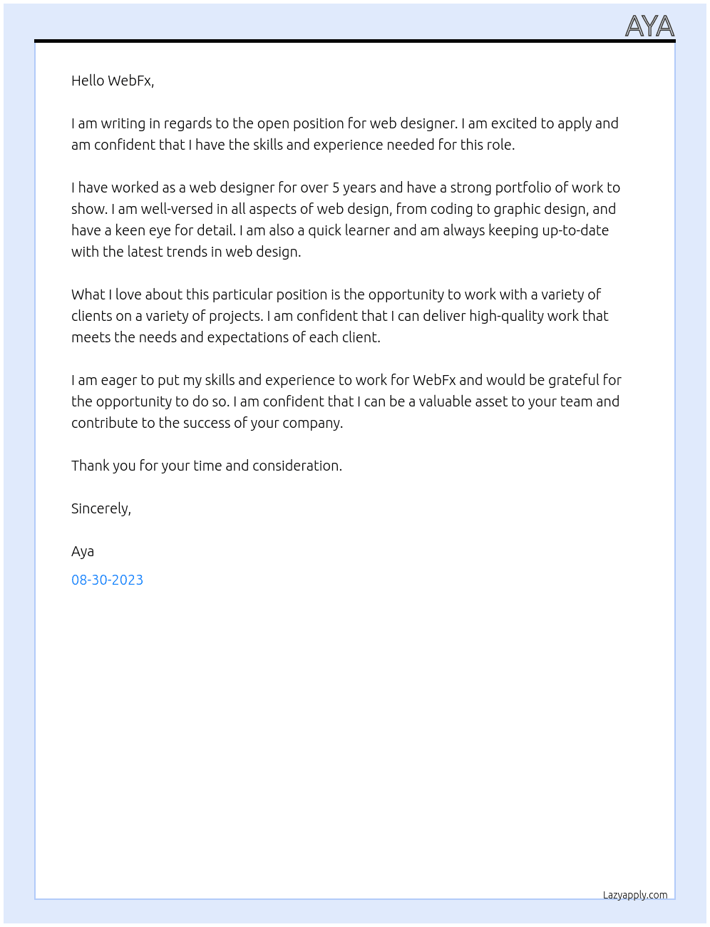Web designer  At WebFx Cover Letter