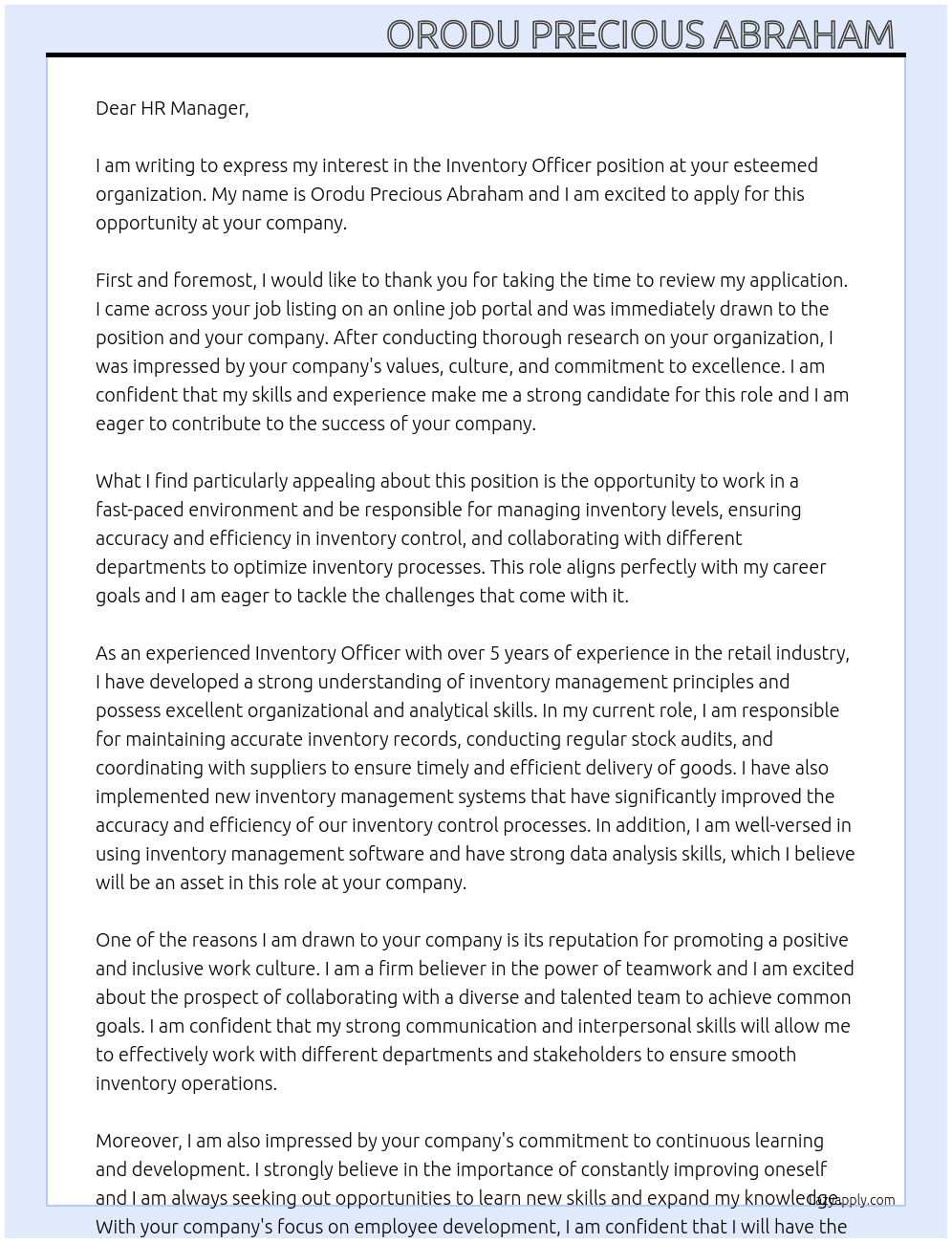 Inventory Officer  At Unknown  Cover Letter