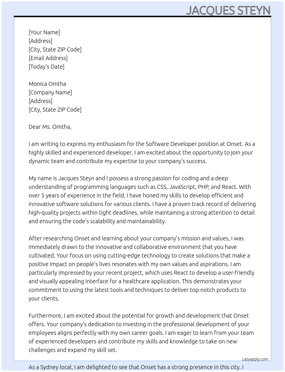 Software Developer At Onset Cover Letter