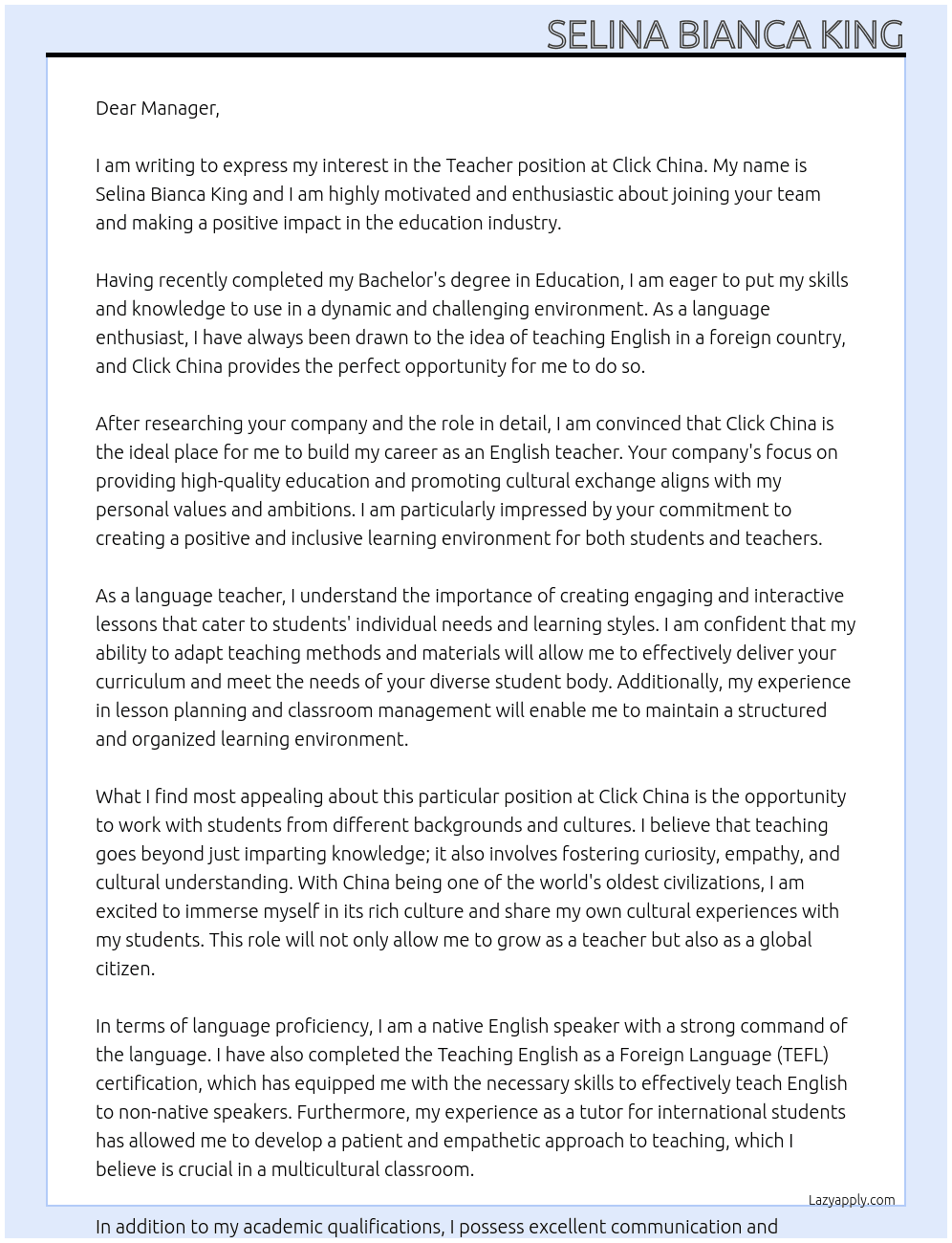 Teacher At click china Cover Letter