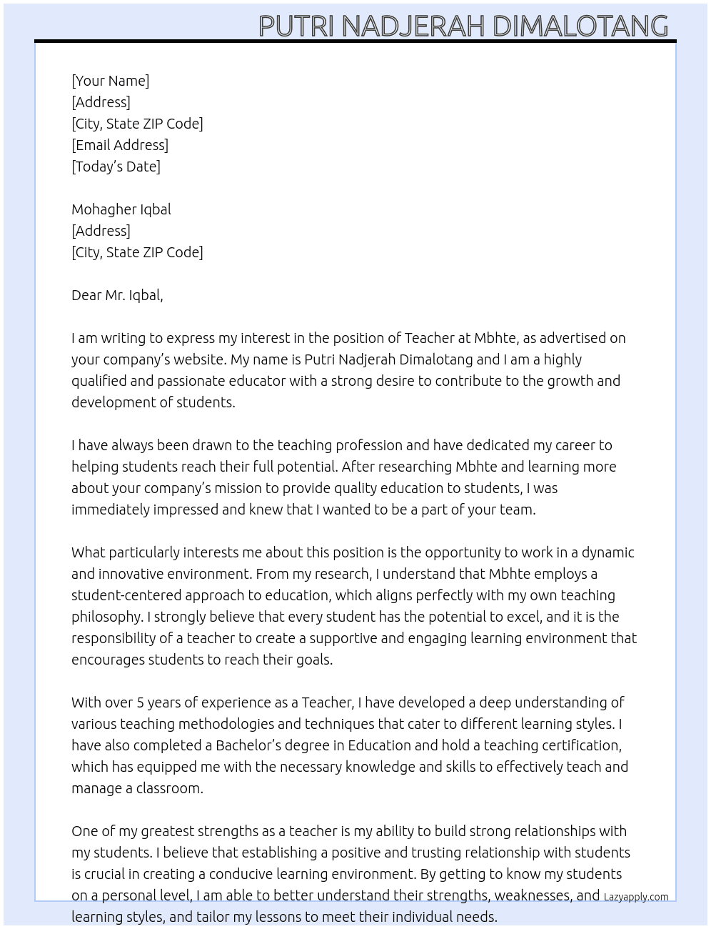 Teacher At Mbhte Cover Letter