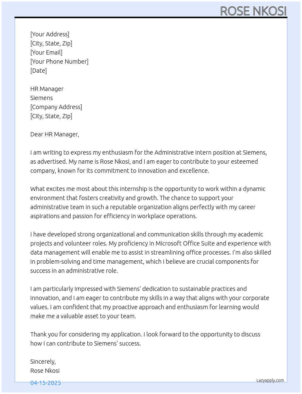 Cover letter for intern administrative - LazyApply