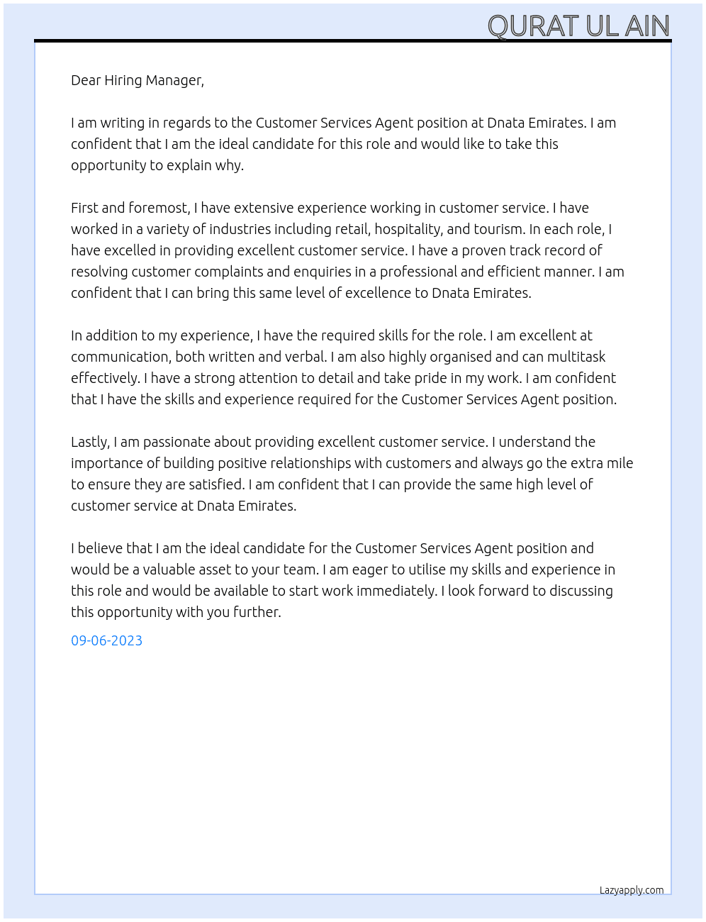 Customer services agent At Dnata Emirates Cover Letter