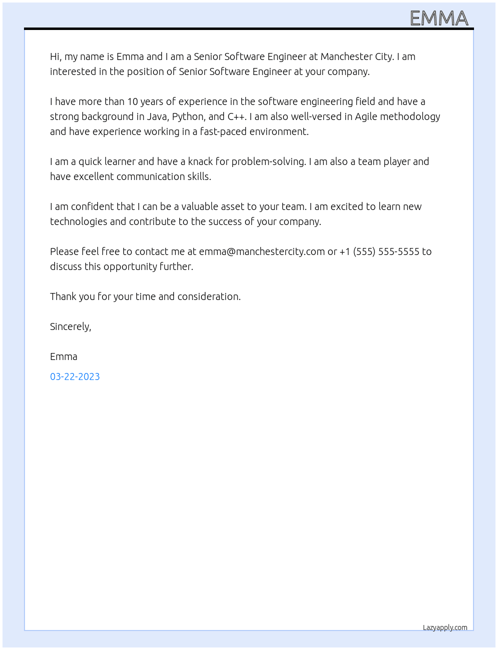 Senior Software Engineer  At Manchester city Cover Letter