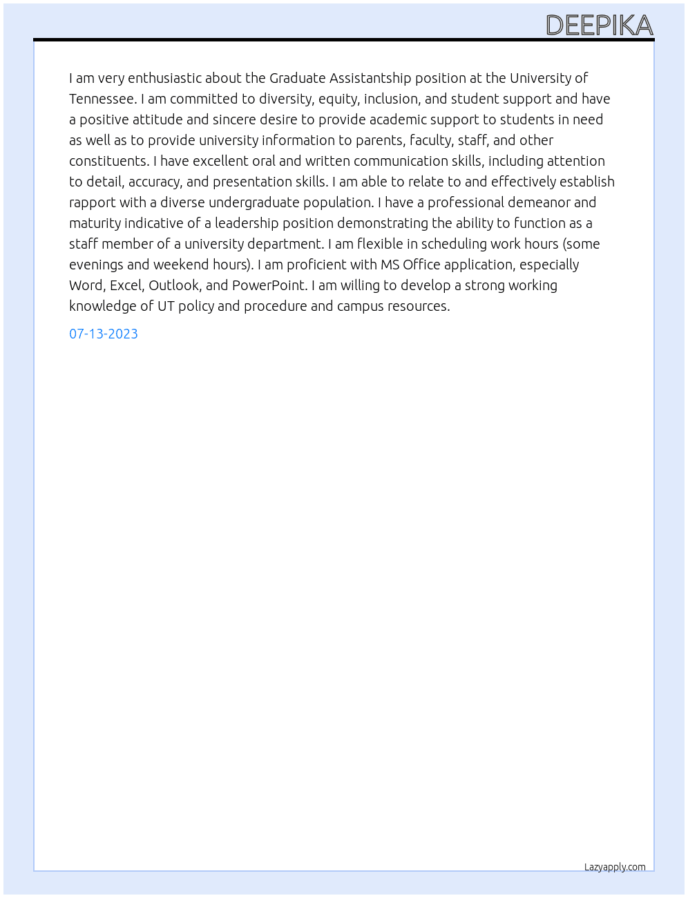 Graduate Assistantship At University of Tennessee Cover Letter