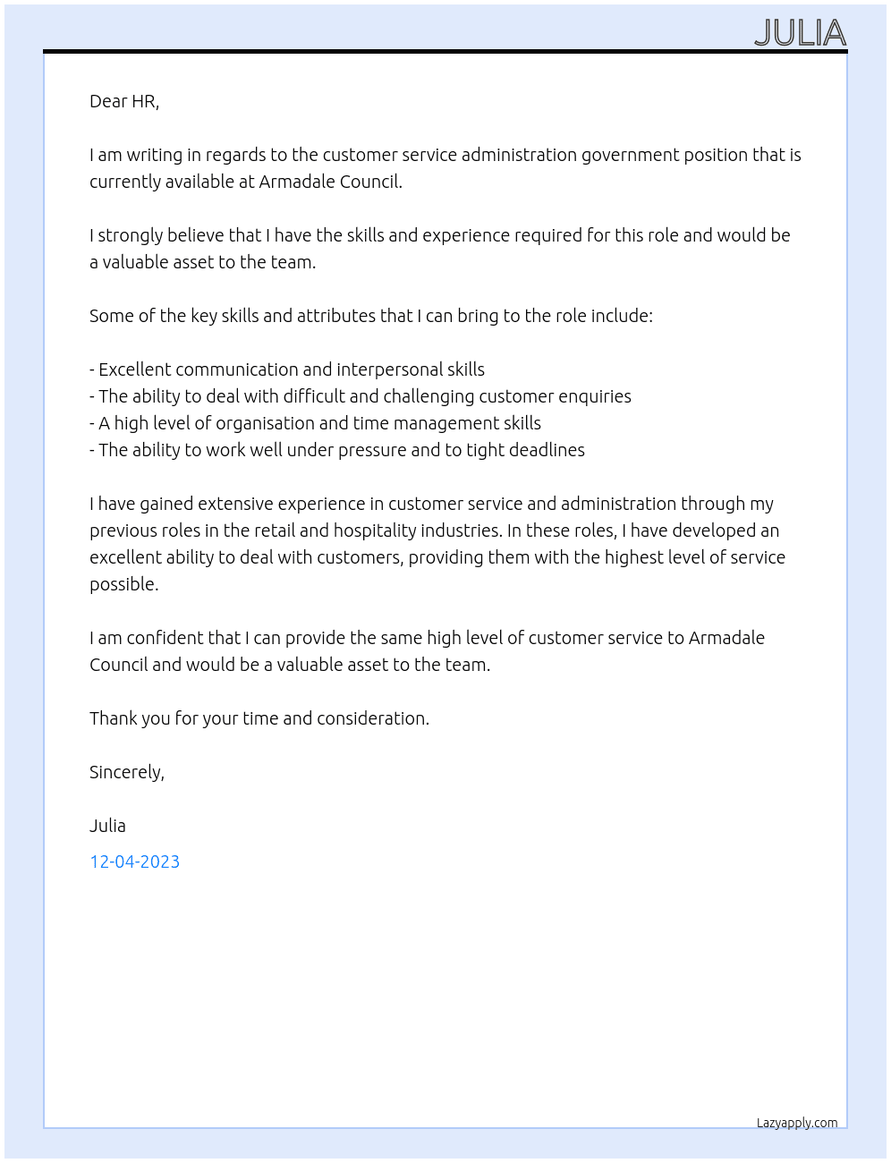 customer service administration government At armadale council Cover Letter