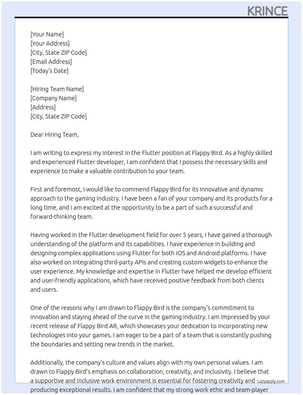 flutter At flappy bird Cover Letter