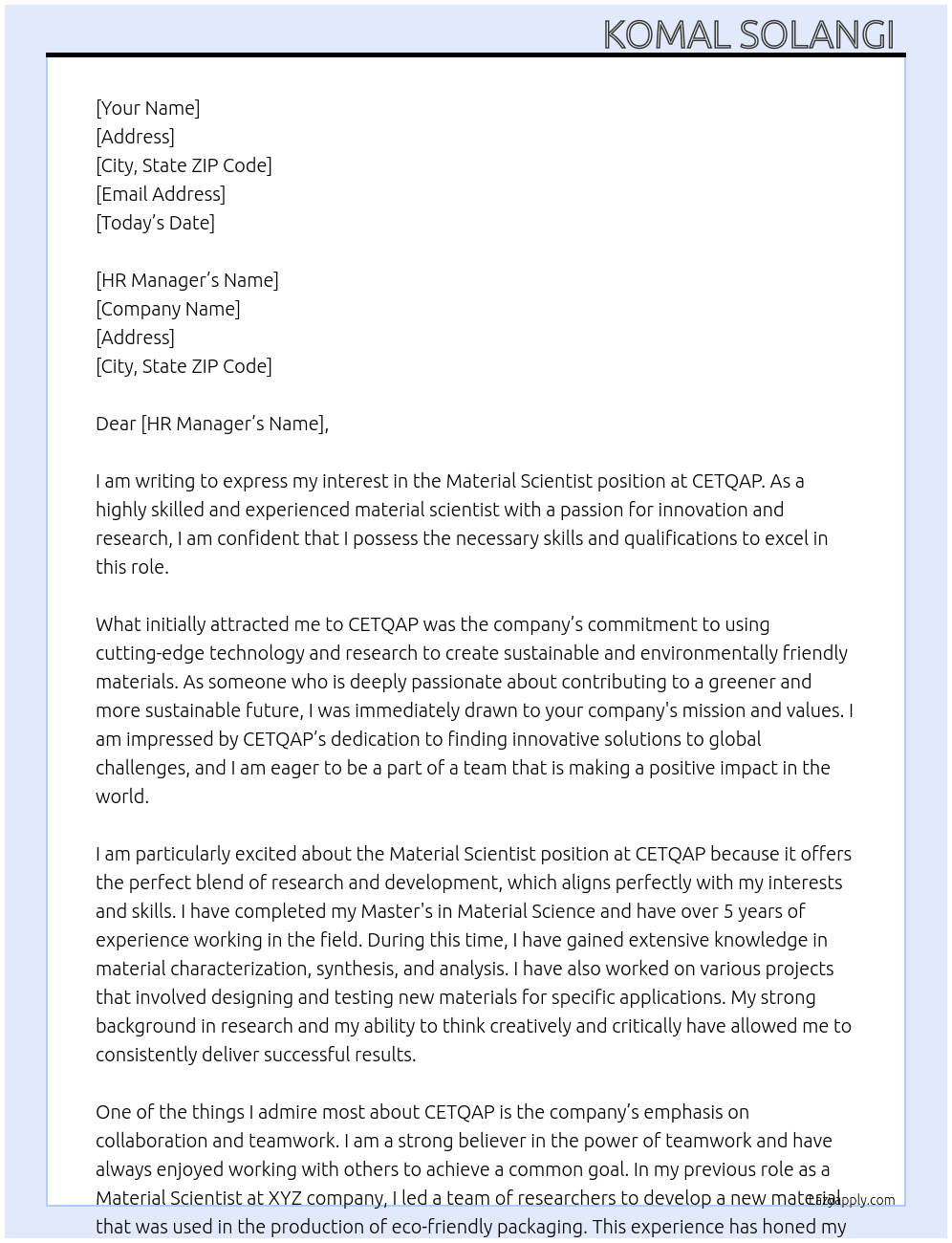 Material Scientist  At CETQAP Cover Letter