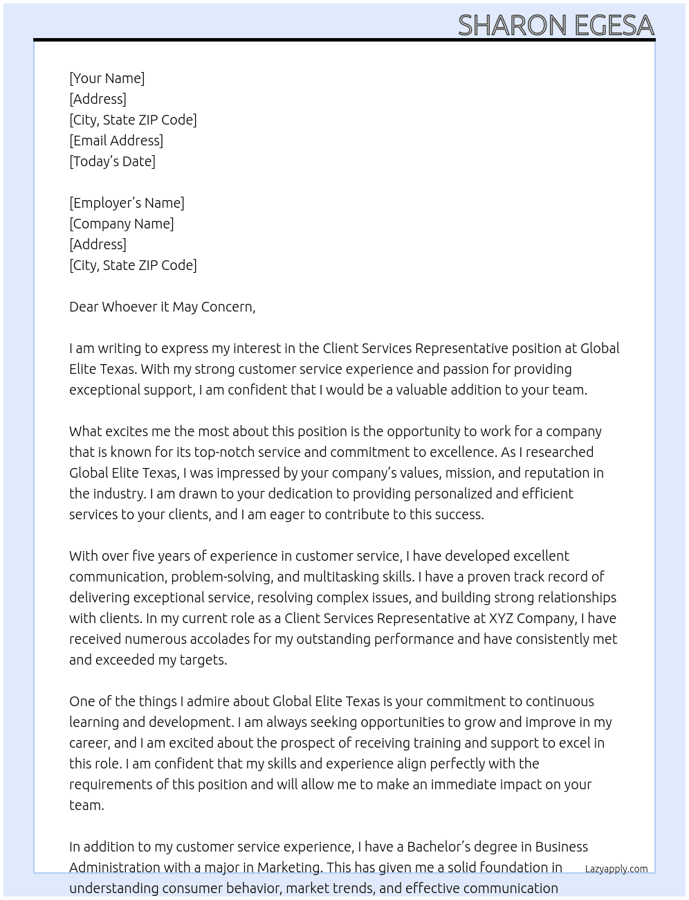 Client services representative  At Global Elite Texas Cover Letter
