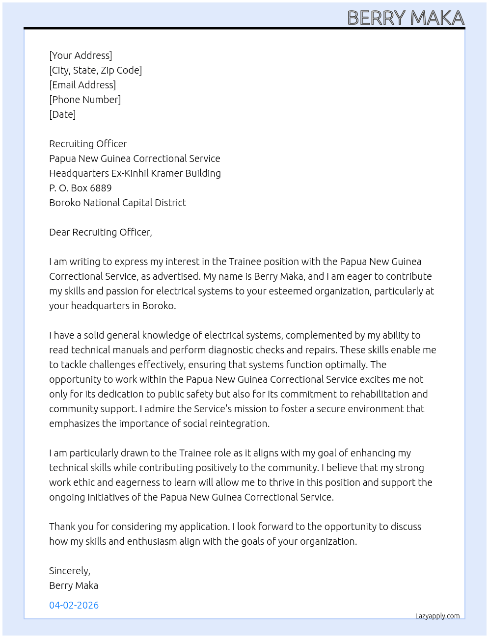 PNG Correctional Service  At Papua New Guinea Correctional Service  Cover Letter