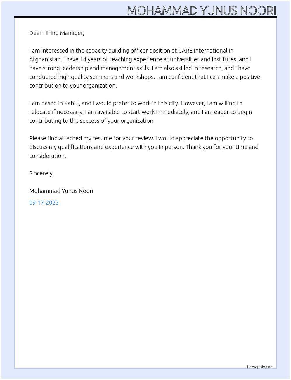 capacity building officer At CARE International in Afghanistan Cover Letter