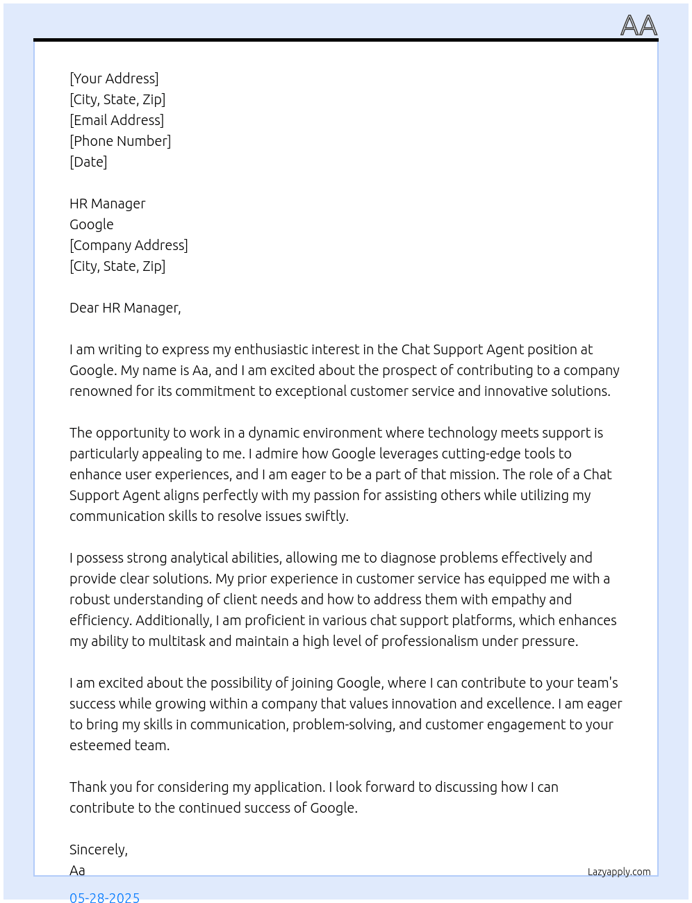 Chat support agent At Google Cover Letter