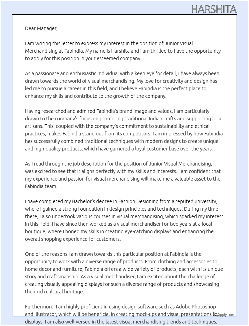  junior visual merchandising At fabindia  Cover Letter