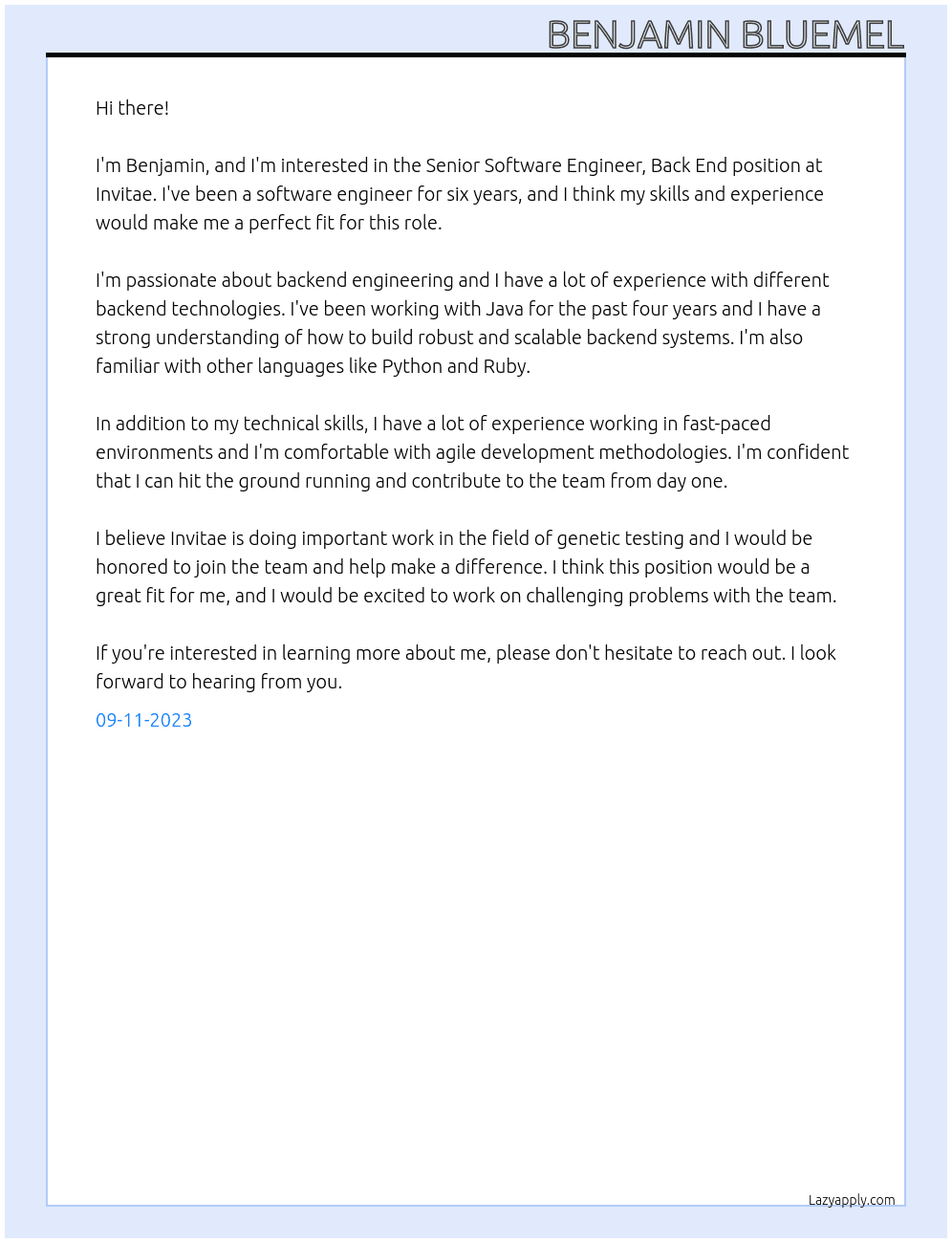 Senior Software Engineer, Back End At Invitae Cover Letter