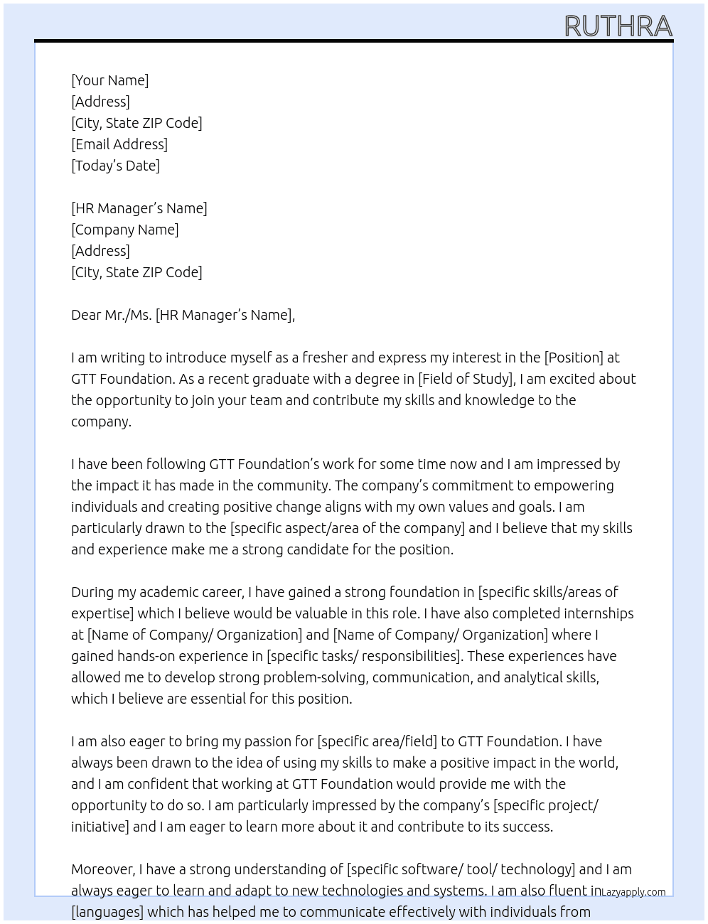 Introducing myself as a fresher At Gtt foundation Cover Letter