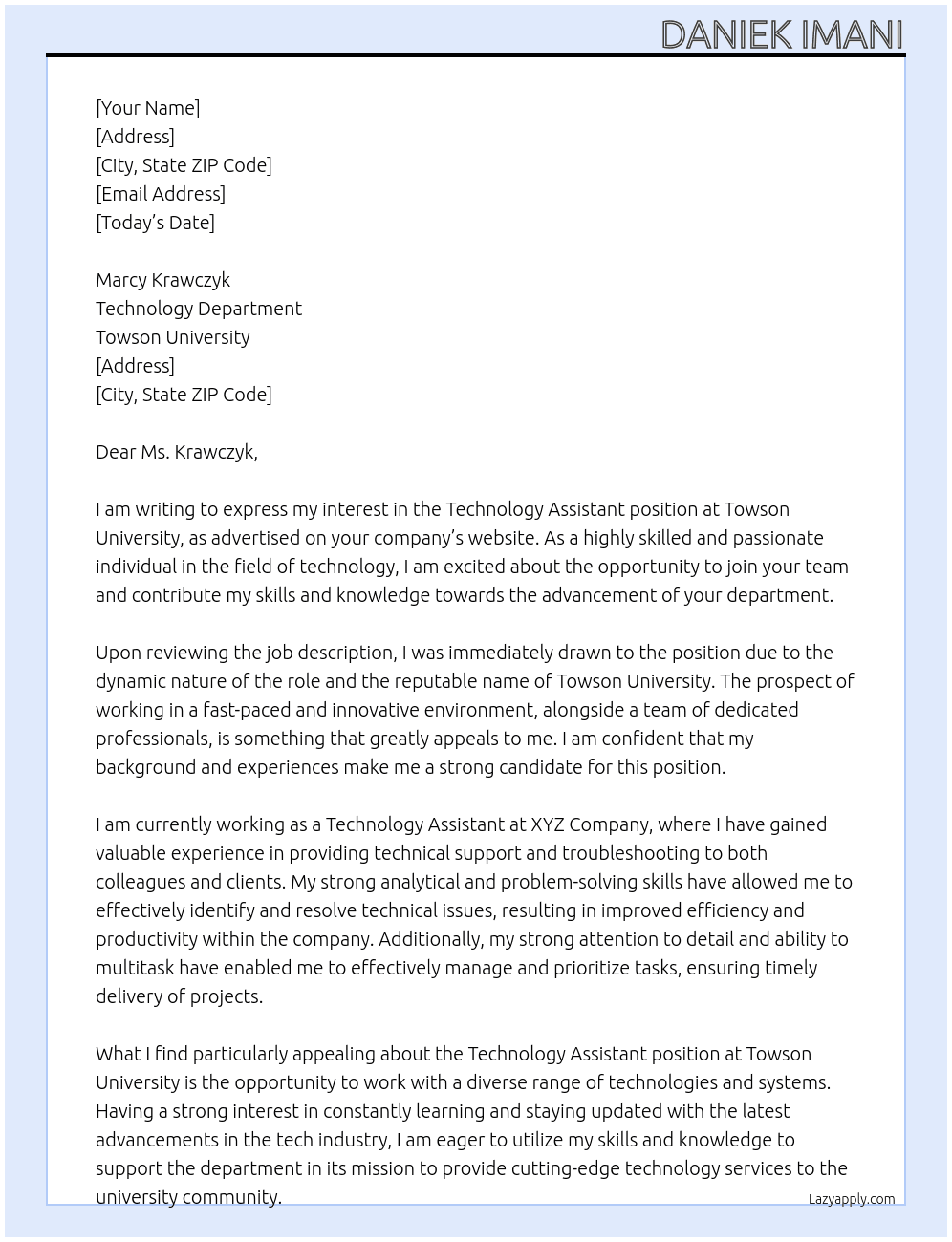 Technology Assistant At Towson University Cover Letter