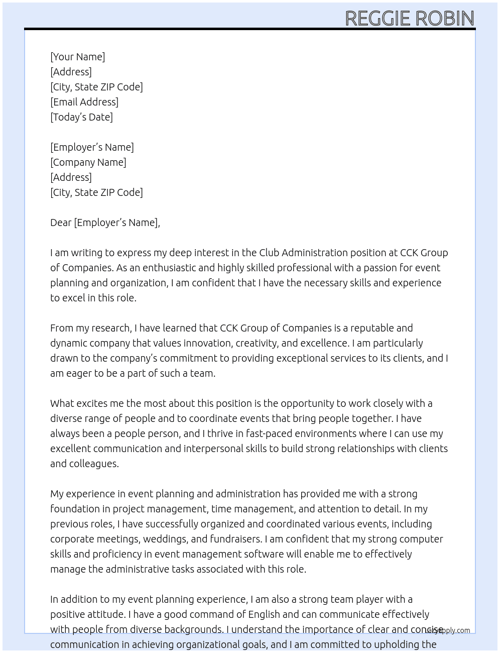 Club Administration At CCK Group of Companies Cover Letter