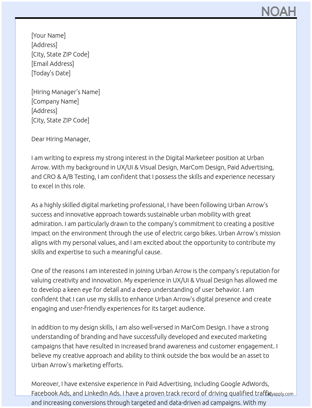 Digital Marketeer At Urban Arrow Cover Letter