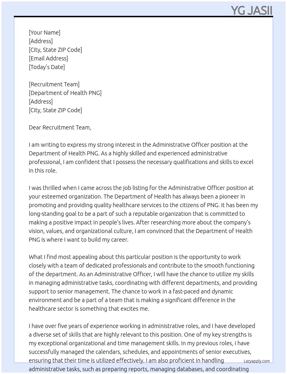 Administrative Officer At Department of Health PNG Cover Letter