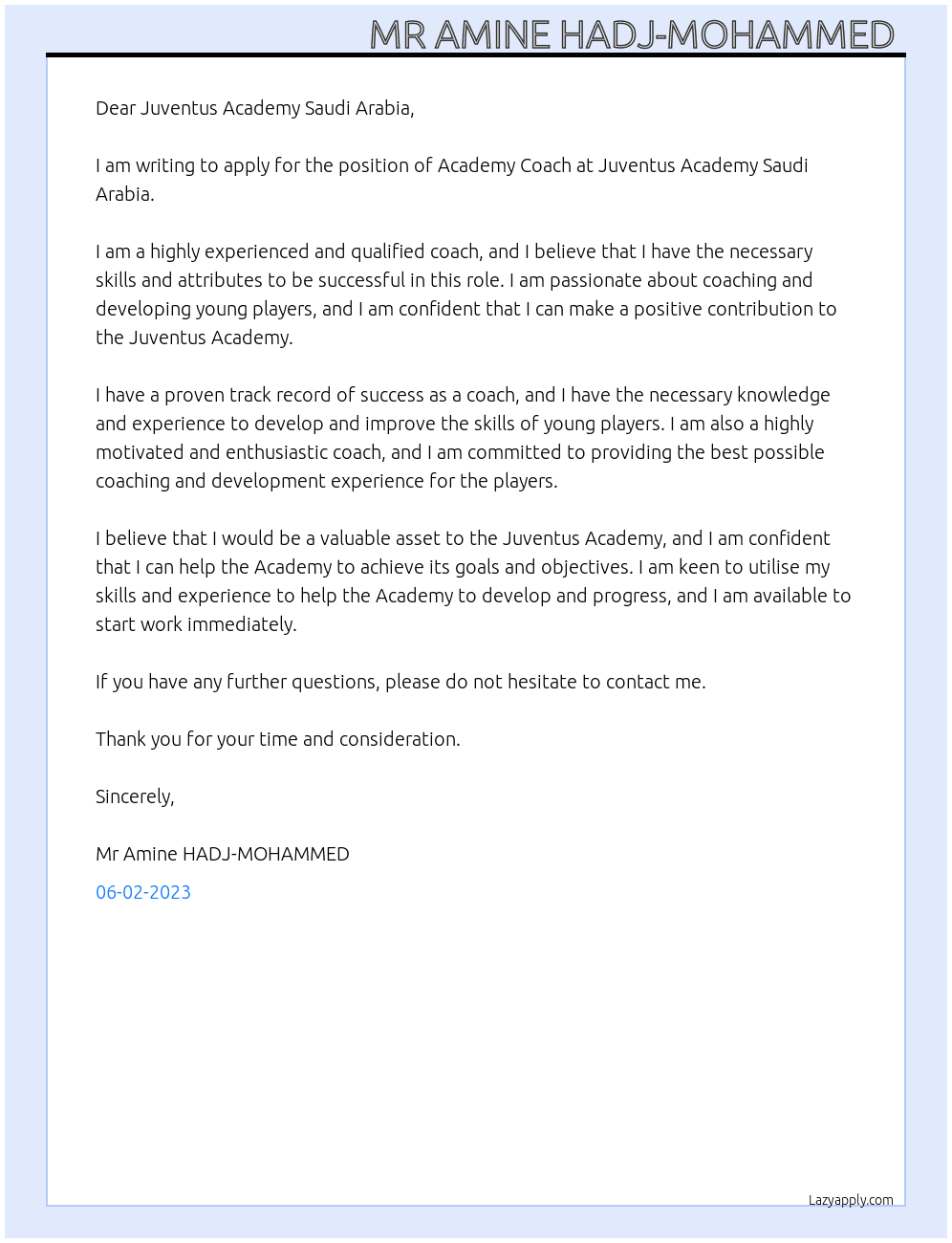 Academy Coach At Juventus Academy Saudi Arabia Cover Letter