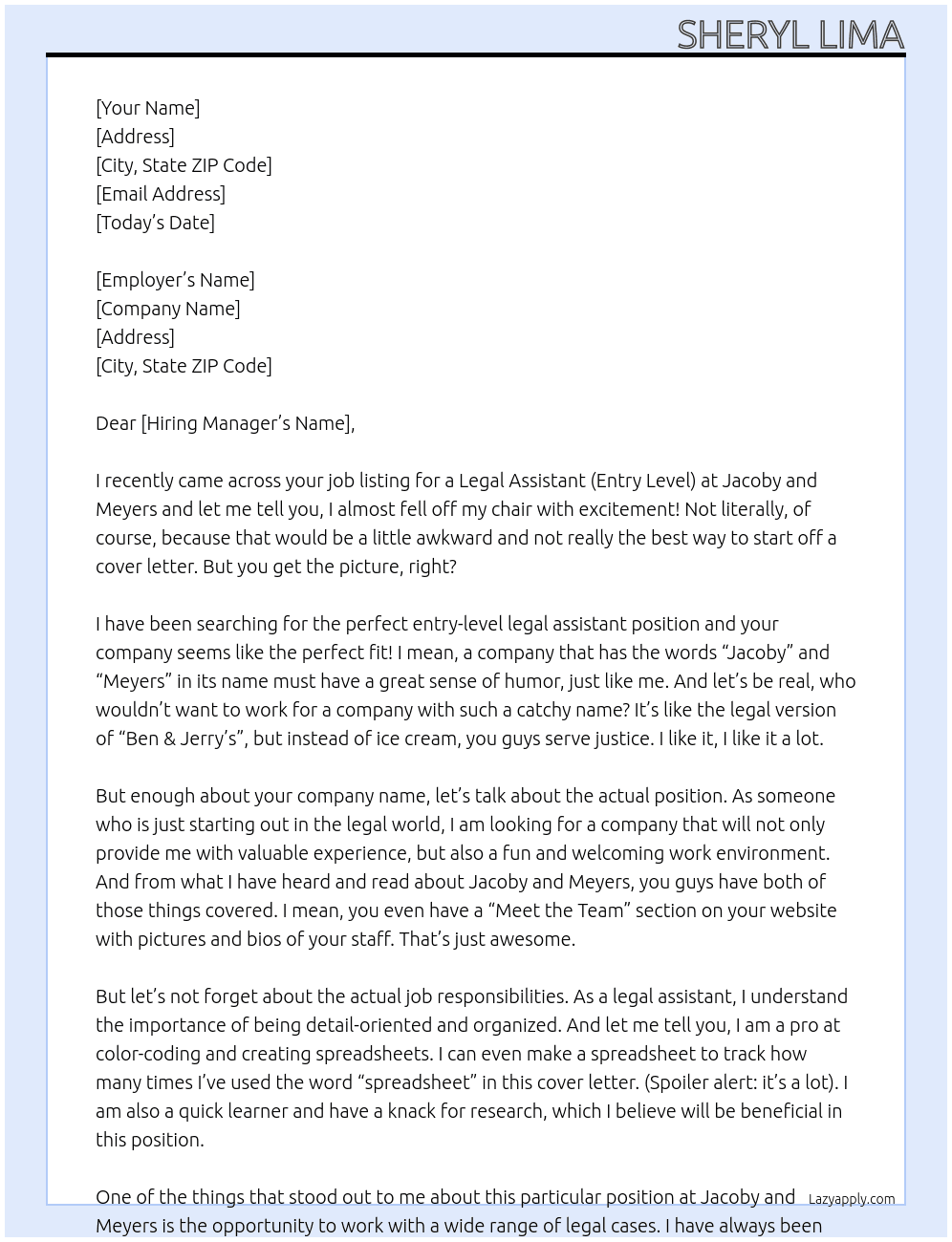 Legal Assistant (Entry Level) At Jacoby and Meyers Cover Letter