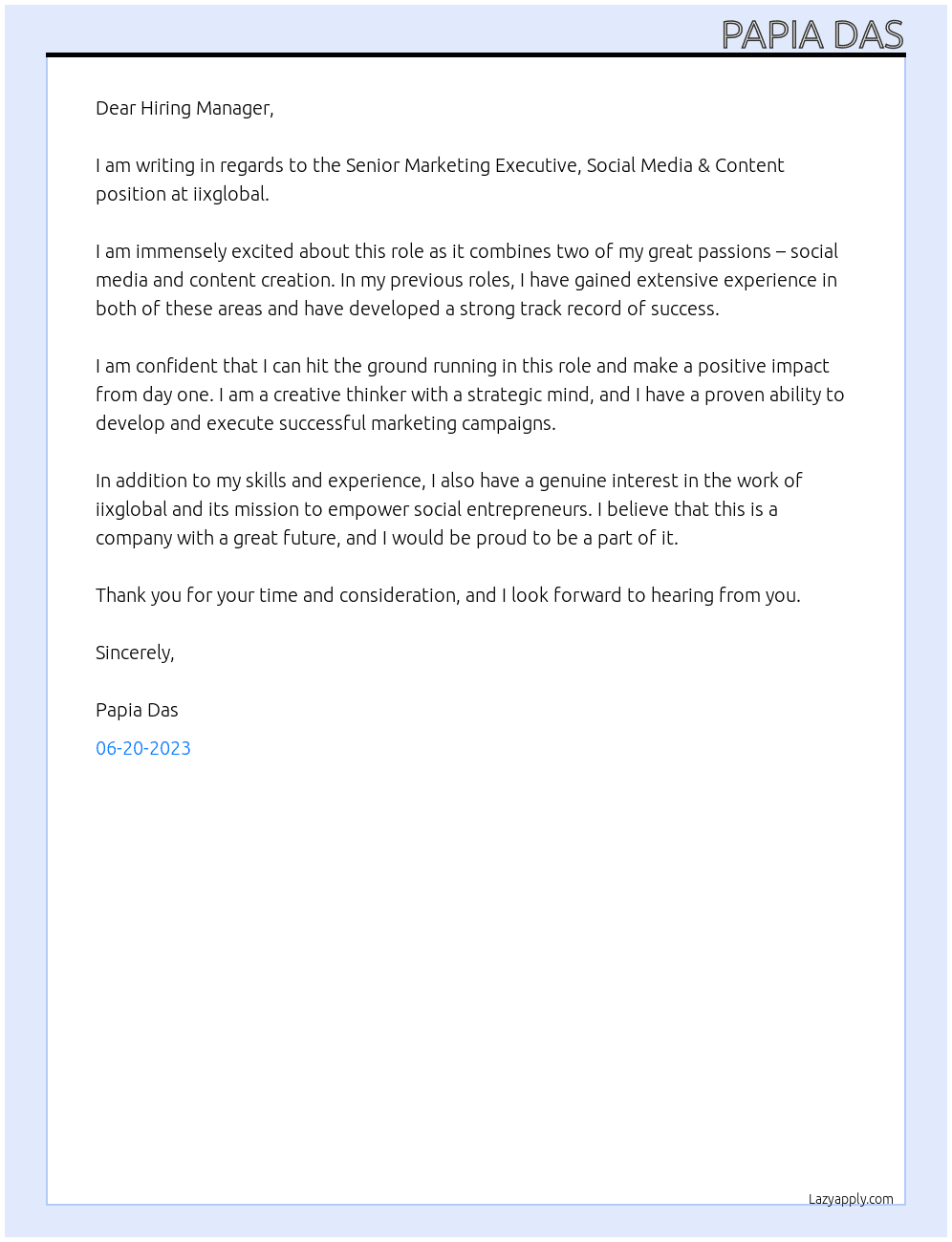 Senior Marketing Executive, Social Media & Content At iixglobal Cover Letter