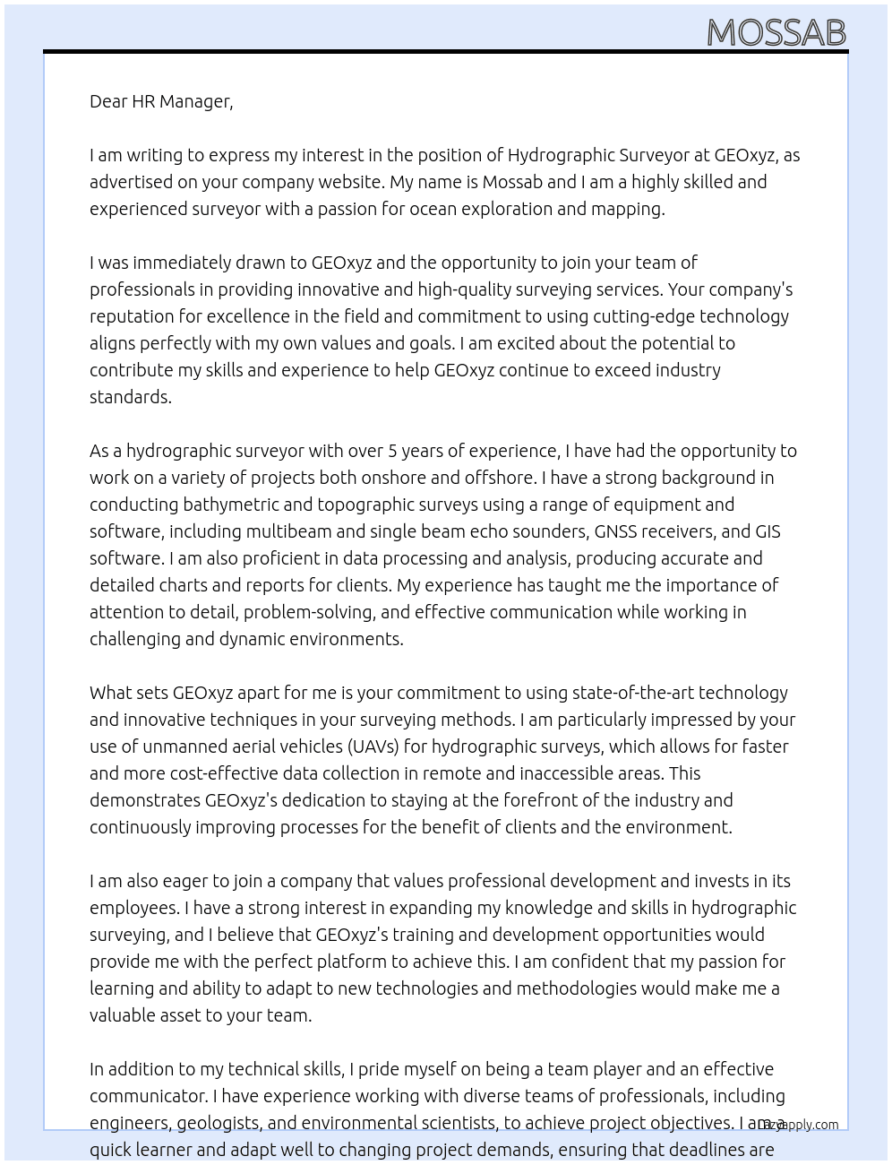 hydrographic surveyor At GEOxyz Cover Letter