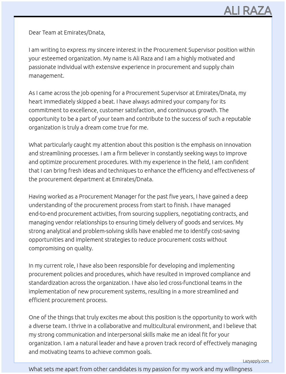 Procurement Supervisor At Emirates / Dnata Cover Letter