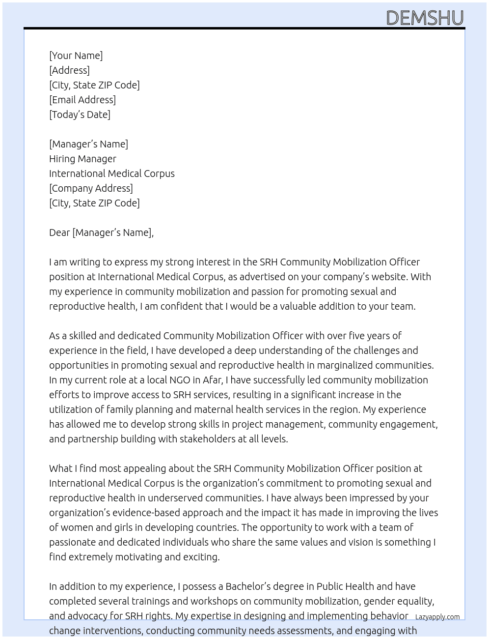  SRH Community Mobilization Officer - Afar At International medical corpus  Cover Letter