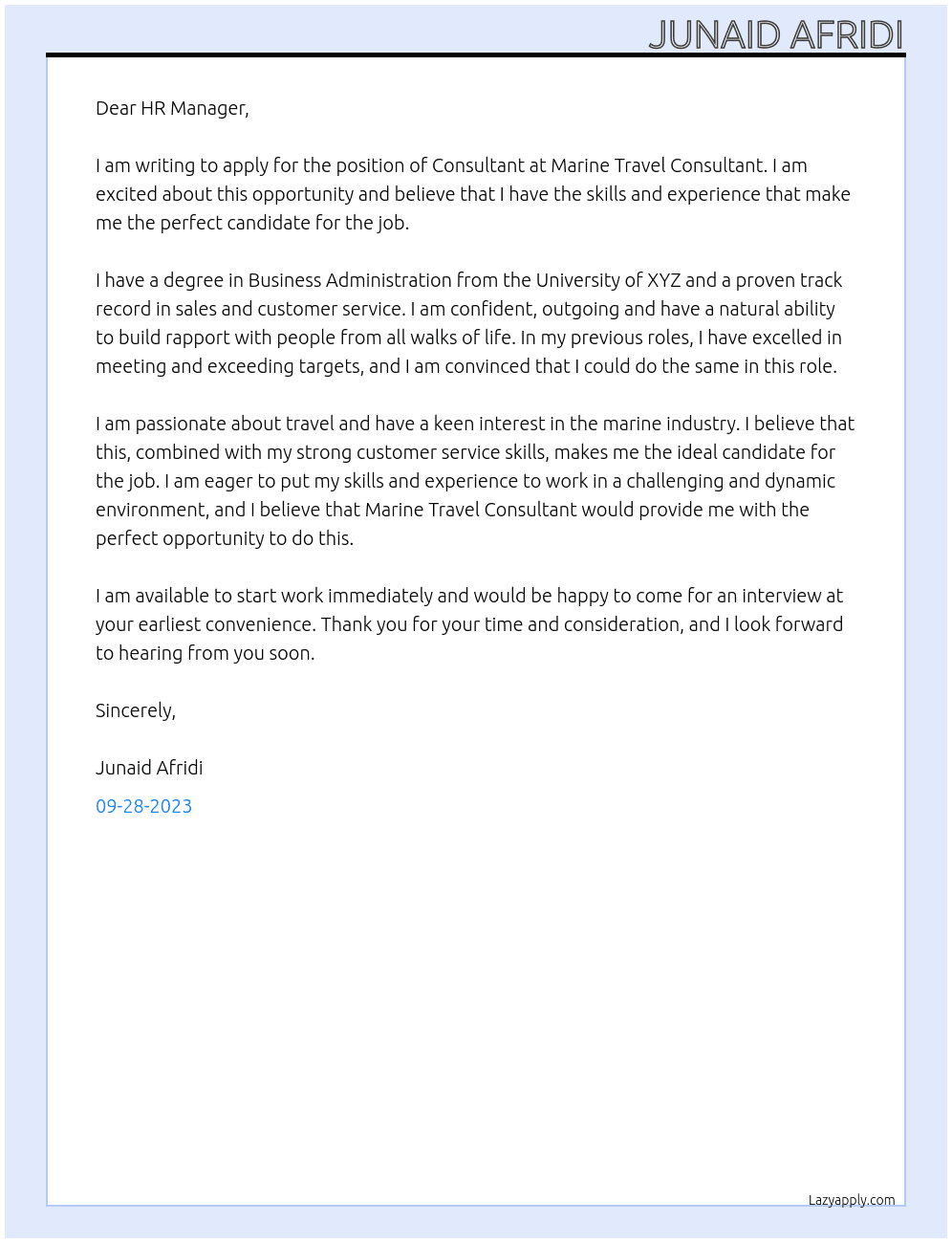 Consultant At MARINE TRAVEL CONSULTANT Cover Letter